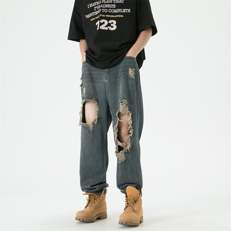 2025夏季新款！老爹破洞宽松直筒牛仔裤809B-DK22-P55控78,男装牛仔裤,星座809B（原星座805）