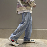 秋季港风宽松阔腿牛仔裤直筒侧边格子裤子805-T07-P50控68，男装牛仔裤，星座809B（原星座805）