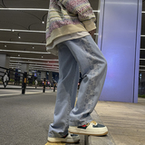 秋季港风宽松阔腿牛仔裤直筒侧边格子裤子805-T07-P50控68，男装牛仔裤，星座809B（原星座805）