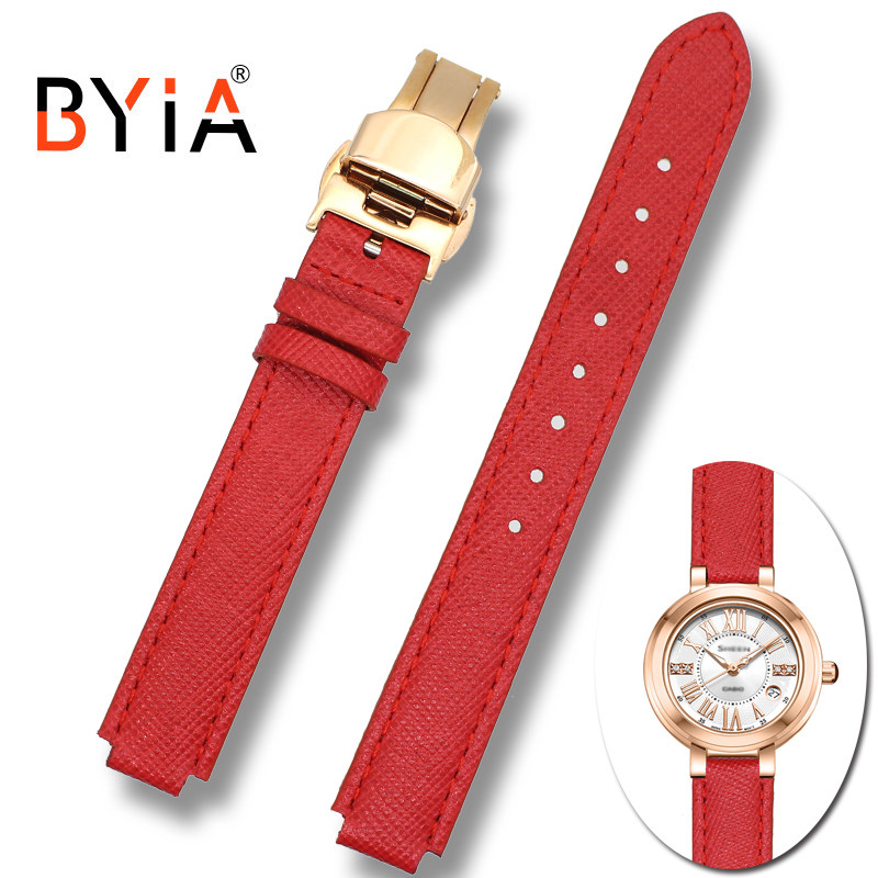 凸接口红色小牛皮代用卡西欧4029PGL女真皮手表带3513 SHE-3034GL