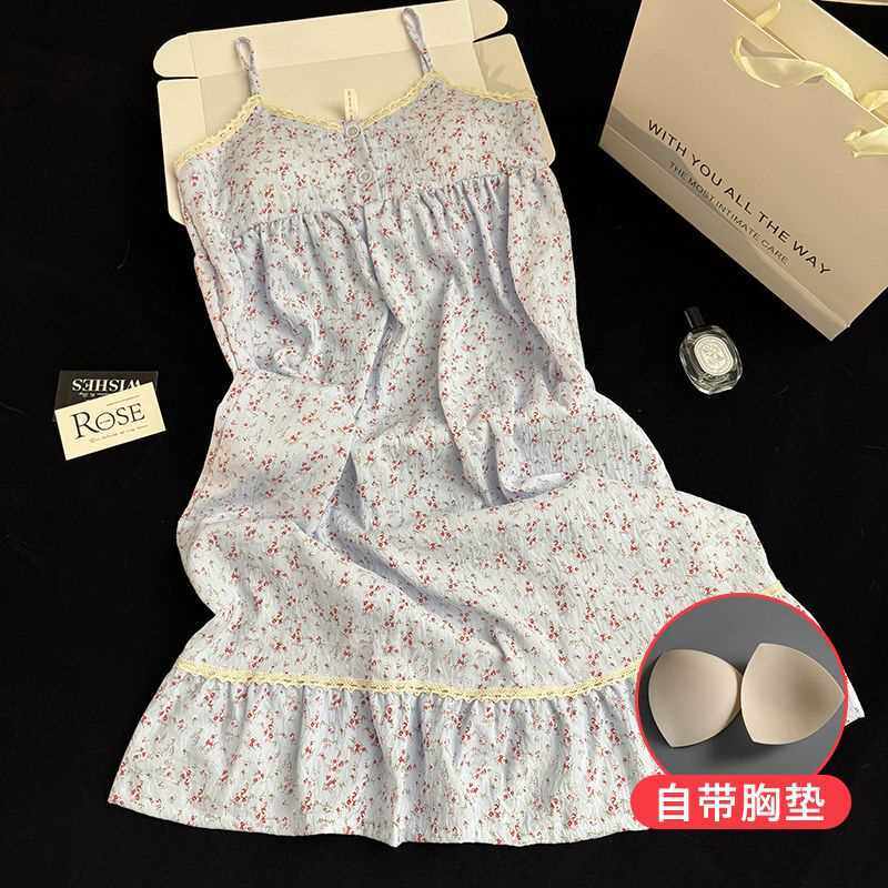 可外穿ins碎花云朵棉睡衣吊带睡裙女款2025新款夏款带胸垫高级感