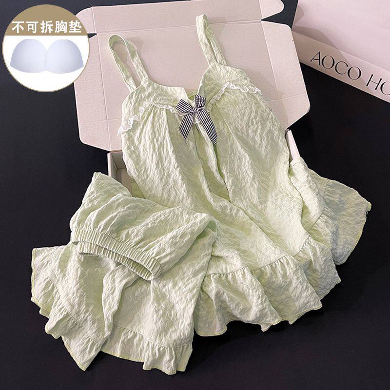 性感睡衣女夏季新款带胸垫吊带短裤绿色清新甜美蝴蝶结家居服套装