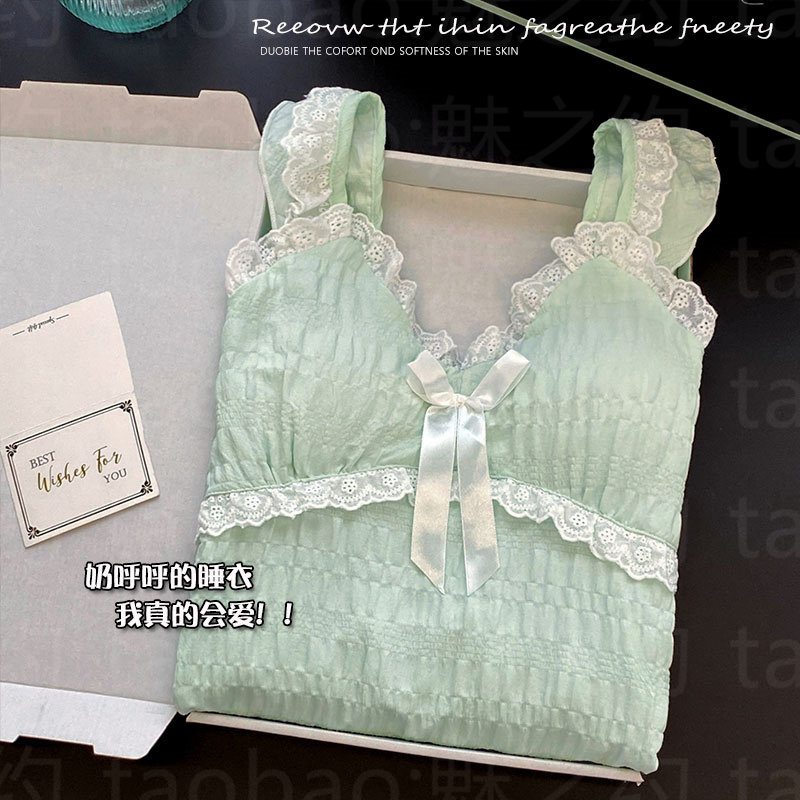 小清新绿色甜美公主风夏季新款纯棉吊带睡裙少女带胸垫一体家居服