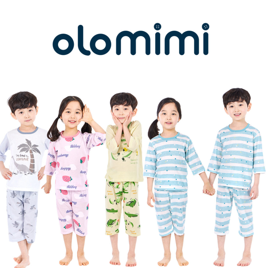 olomimi儿童纯棉七分袖睡衣夏季薄款家居服 宝宝草莓条纹恐龙鳄鱼