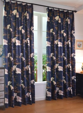 客厅中式古典古建风格茶楼蓝色藏青色仙鹤松鹤延年绒布印花窗帘