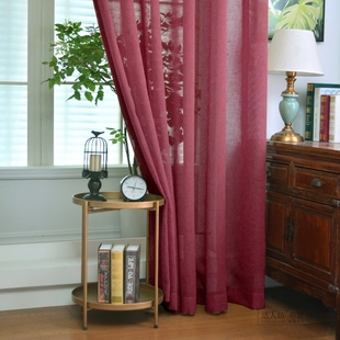 北欧客厅阳台餐厅透气透光酒红色枣红色竹节仿麻纱棉麻纱帘窗纱