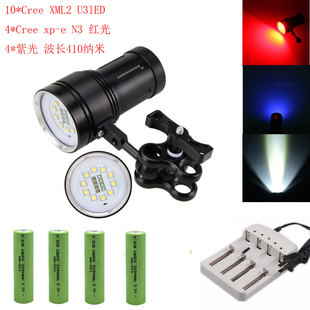潜水摄影补光手电筒 白红紫光10000流明大功率100W强光14颗U3灯