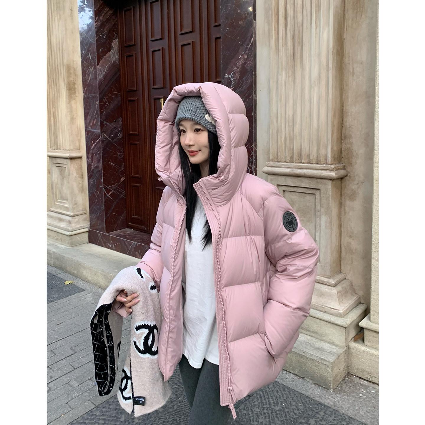 蕉小青 90白鸭绒保暖连帽立领中长款羽绒服女显瘦时尚粉色羽绒服