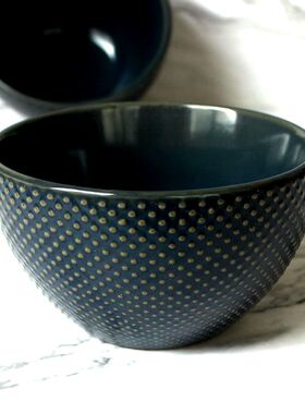 外贸陶瓷餐具复古蓝色大碗大汤碗高脚面碗窑变釉菜碗浮雕饭碗菜盘