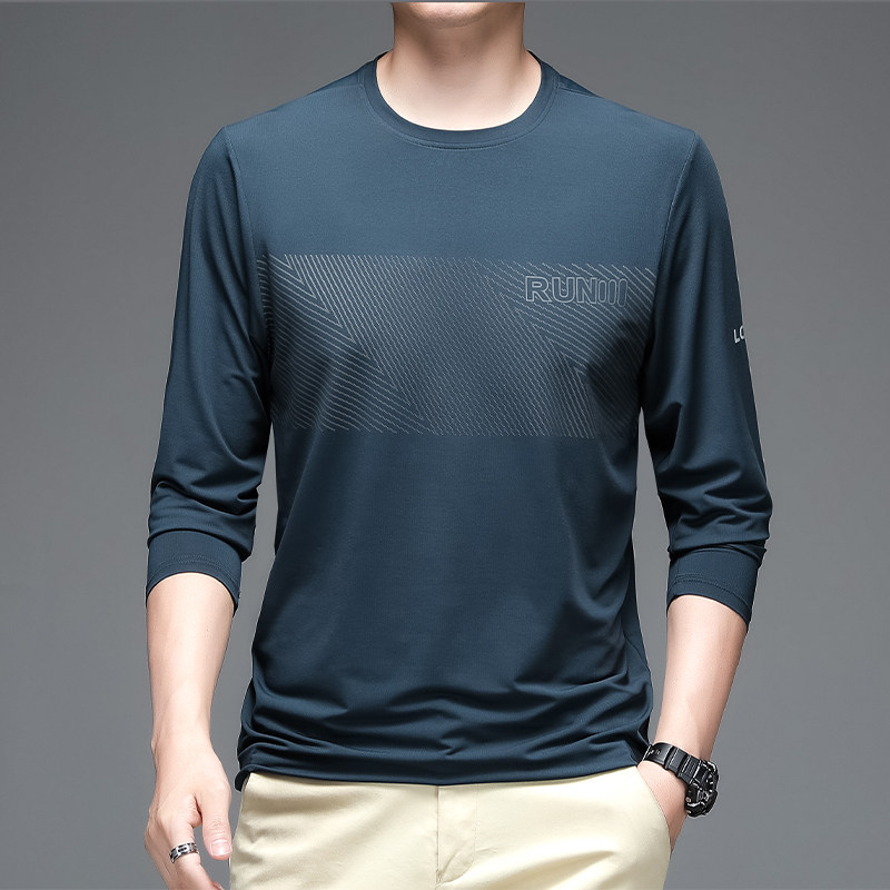 薄款圆领小众男士冰丝t恤男春夏长袖潮流弹力修身外穿耐穿打底衫