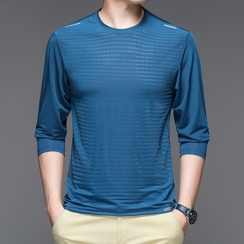 潮牌免烫冰丝长袖T恤男春季时尚圆领休闲商务弹力内搭外穿运动衫
