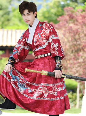 新款原创传统男直袖汉服国风印花红色飞鱼服霸气龙纹锦衣卫表演服