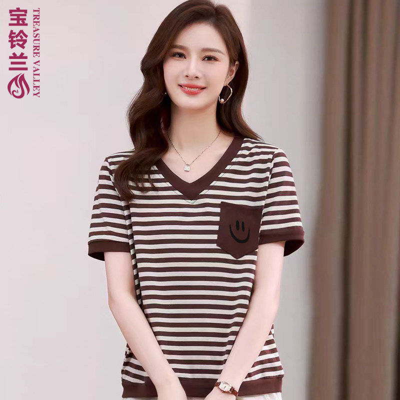 中老年女装夏装短袖棉T恤大码妈妈装夏季条纹体恤衫休闲弹力上衣