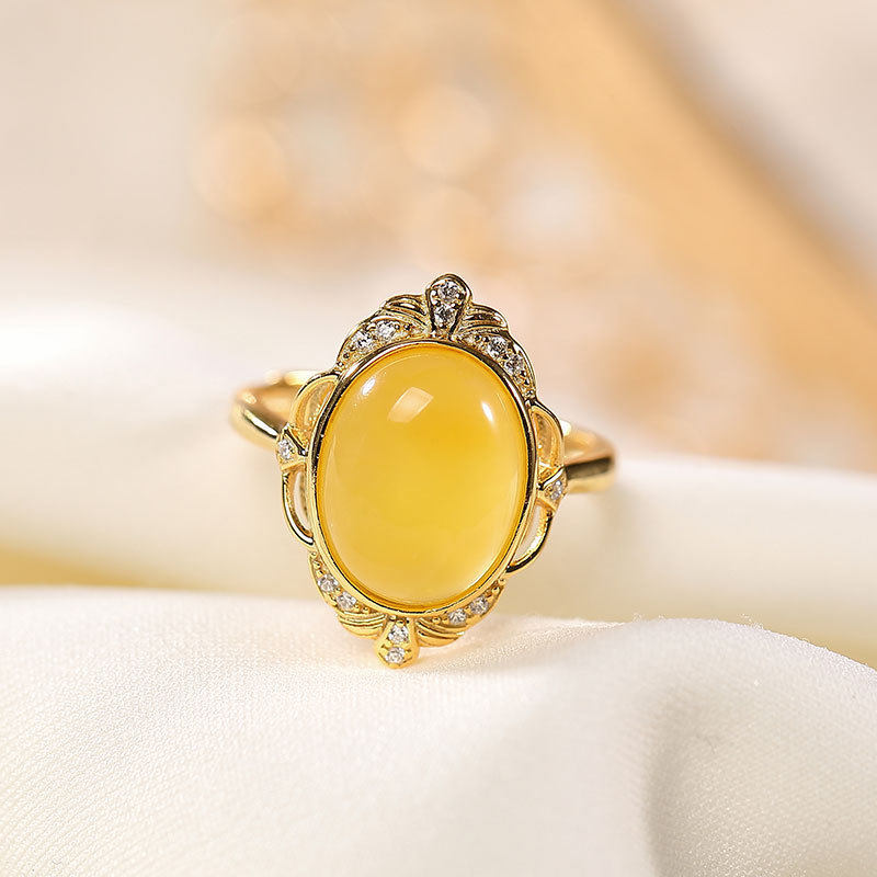 S925纯银镀金天然琥珀蜜蜡戒指个性轻奢时尚女士开口指环