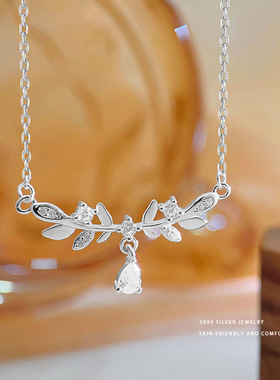 S999足银树叶水滴项链，轻奢
