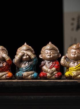 创意陶瓷孙悟空摆件四不小猴子中式家居客厅办公室装饰品茶道茶宠