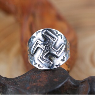 千叶复古Larry Smith宽面万字戒指泰银男潮LS纳瓦霍手工开口银饰