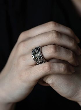 925泰银饕餮纹戒指男个性潮人神兽开口复古国潮风个性霸气指环戒