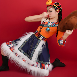 新款儿童藏族舞蹈演出服装次仁拉索女童藏族吉祥热巴鼓民族舞表演