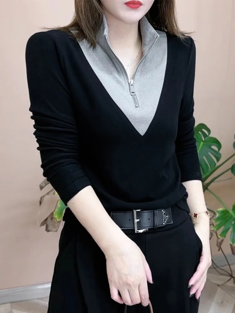 德绒拼接色立领长袖上衣保暖女装