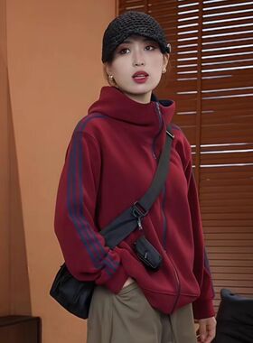 今年保暖秋冬季新款宽松拼接女装连帽连帽澳粒绒长袖开衫外套卫衣