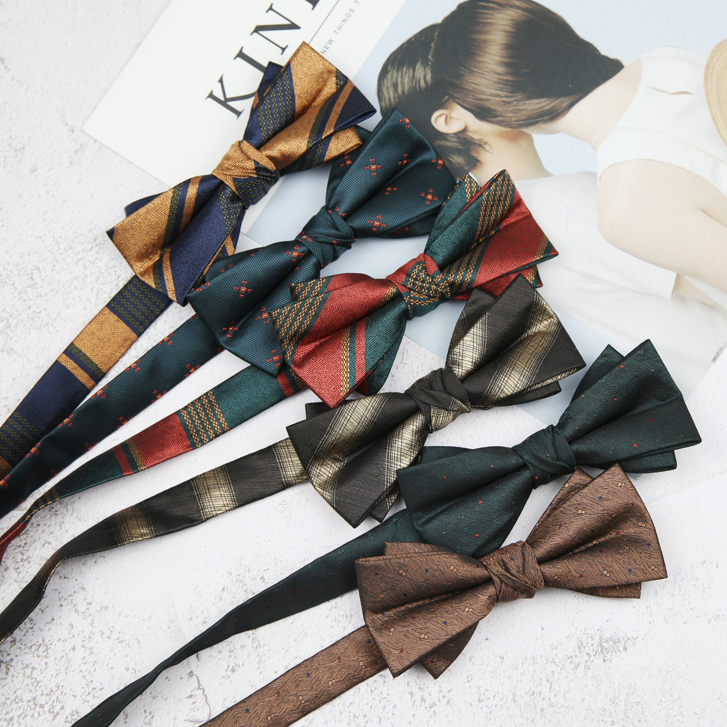 新郎复古法式双层韩版条纹咖啡酒红墨绿领结男西装绅士蝴蝶结