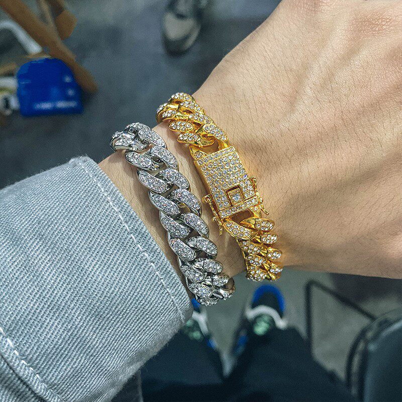 lncarmen欧美潮牌手链男个性满镶钻古巴链嘻哈街头说唱手环饰