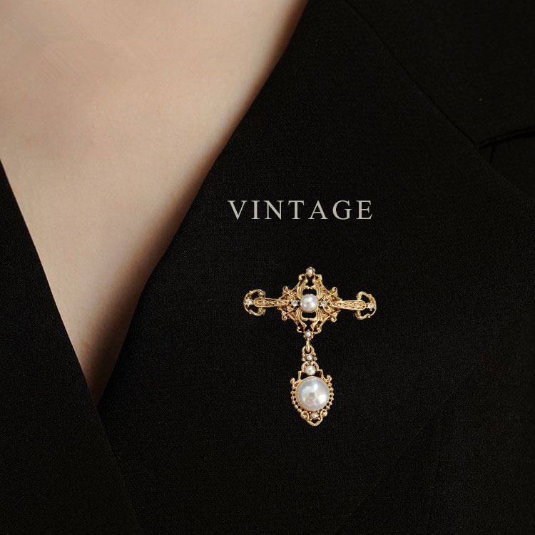 复古巴洛克饰品vintage十字架珍珠女款丝巾扣别针胸针胸花设计感