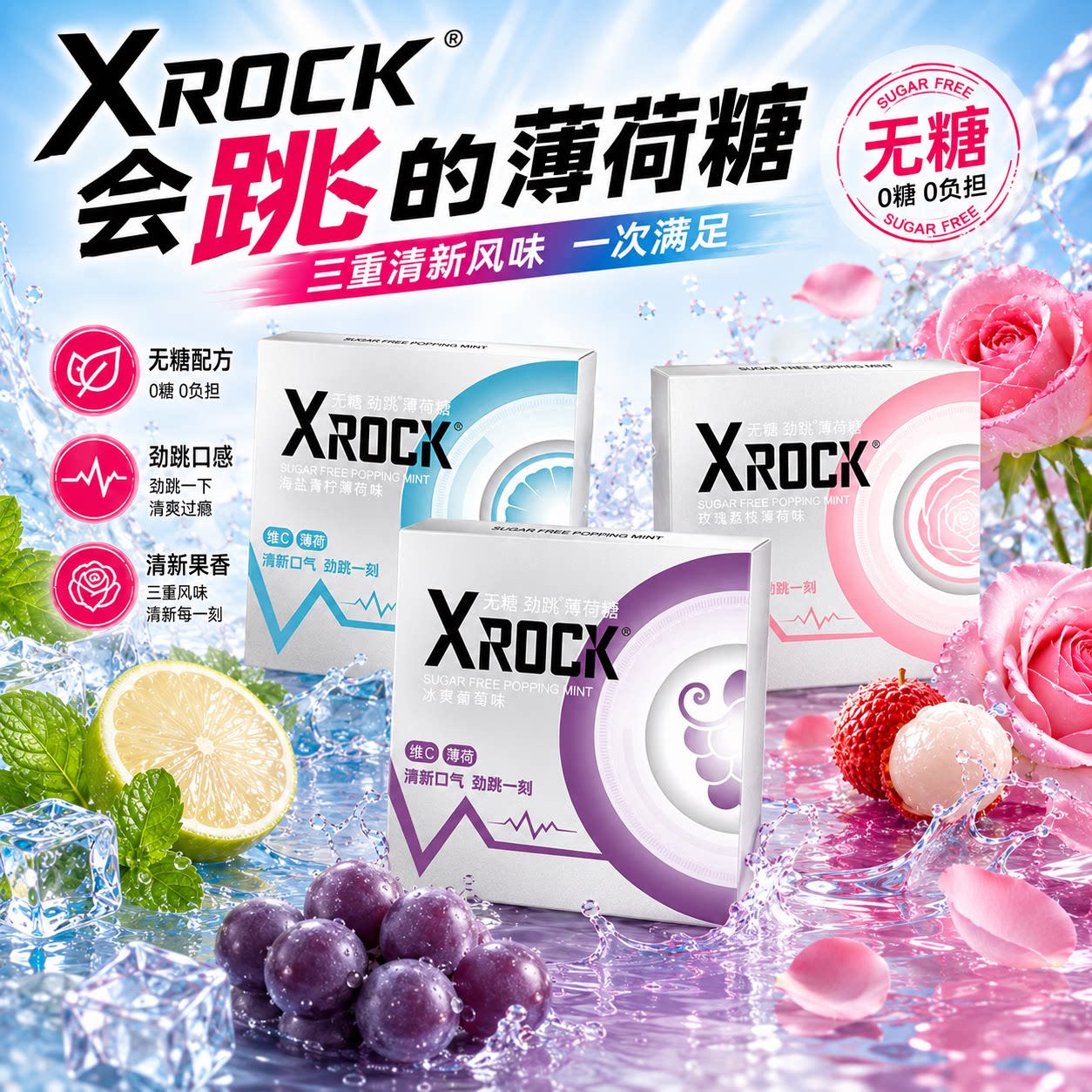 百达跳跳糖Xrock无糖劲跳薄荷糖口气清新提神小零食清凉糖果超强