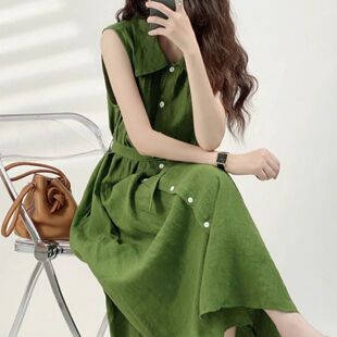 绿色无袖连衣裙女夏季超火高级感法式复古收腰显瘦显白气质长裙子
