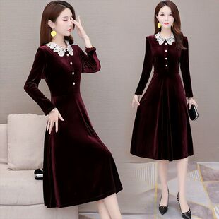 高级时尚贵夫人金丝绒V领连衣裙春秋新款遮肚子显瘦高档洋气A字裙