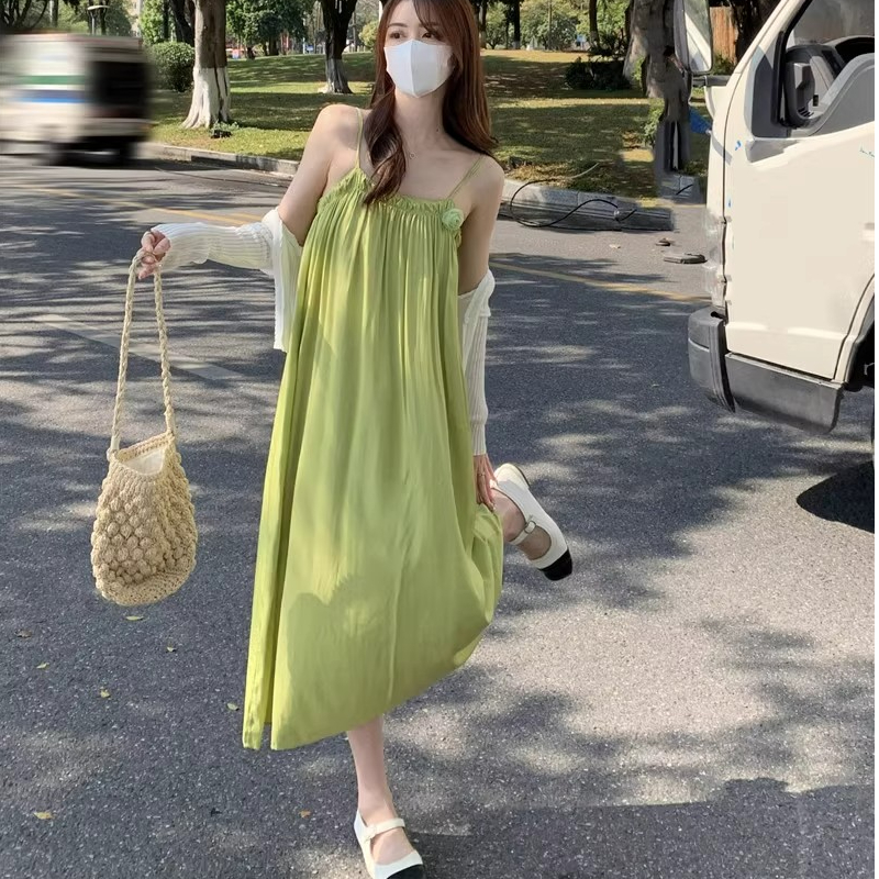法式吊带连衣裙两件套女夏季绿色