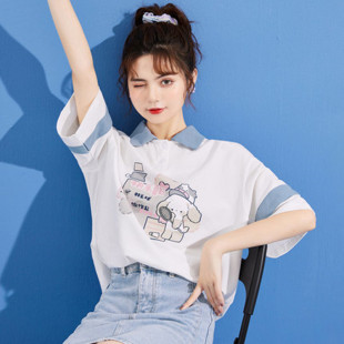 今年新款初中高中学生宽松翻领短袖t恤女夏七分时尚韩版上衣班服