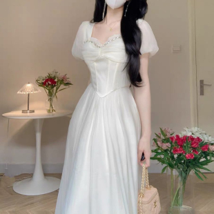 雪纺公主a字连衣裙 杏色钉珠高级轻盈感仙女裙中长款 2025夏季 新款