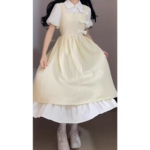 森女系法式假两件泡泡袖连衣裙女仙气超仙森系蝴蝶结黄色衬衫裙夏