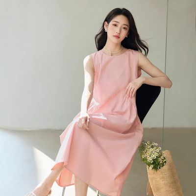 法式桔梗粉色无袖背心连衣裙女夏季新款温柔风小个子学生气质长裙