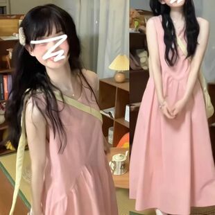 夏季 法式 新款 吊带连衣裙子女装 小众设计感长裙 气质小个子粉色无袖