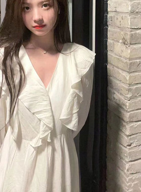 春秋杏色法式桔梗茶歇长袖连衣裙