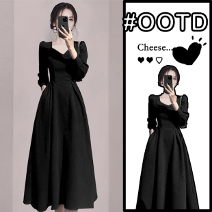 高级感收腰茶歇长裙 法式 黑色气质赫本风连衣裙子女秋装 2025年新款