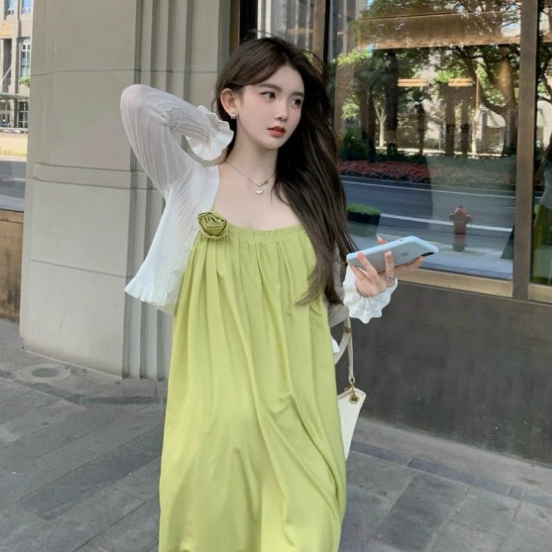 海边度假连衣裙绿色旅游穿搭长裙法式吊带露背仙女裙沙滩裙子女夏,女装/女士精品,时尚套装,淘宝优惠券,粉丝福利购,淘宝优惠卷