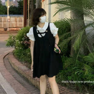 夏季法式学生甜美女设计感小众荷叶边娃娃领衬衫假两件短袖连衣裙