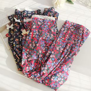 大码胖MM棉拉架睡裤家居女九分裤春秋薄款200斤宽松蕾丝碎花