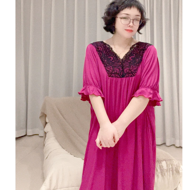 花之雨大码V领莫代尔棉睡衣女春款宽松睡裙200斤胖mm短半袖 178