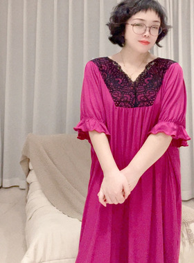 花之雨大码V领莫代尔棉睡衣女春款宽松睡裙200斤胖mm短半袖 178