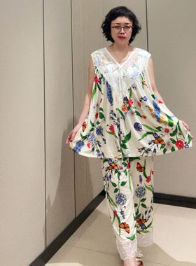 夏季大码女睡衣家居服套装胖mm圆点宽松性感V领200斤显瘦蕾丝花边