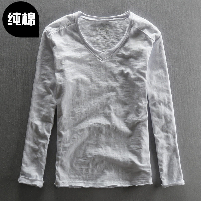 男士纯棉V领毛边领日系修身长袖T恤 竹节棉圆领简约款秋冬打底衫,男装,T恤,淘宝优惠券,粉丝福利购,淘宝优惠卷