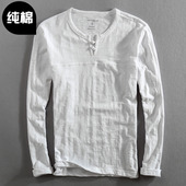 2023男士 t恤上衣 T恤纯棉简约盘扣圆领打底薄款 竹节棉休闲修身 长袖