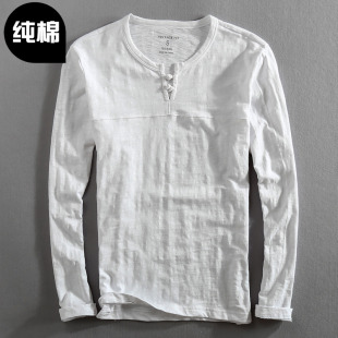 T恤纯棉简约盘扣圆领打底薄款 长袖 t恤上衣 竹节棉休闲修身 2023男士