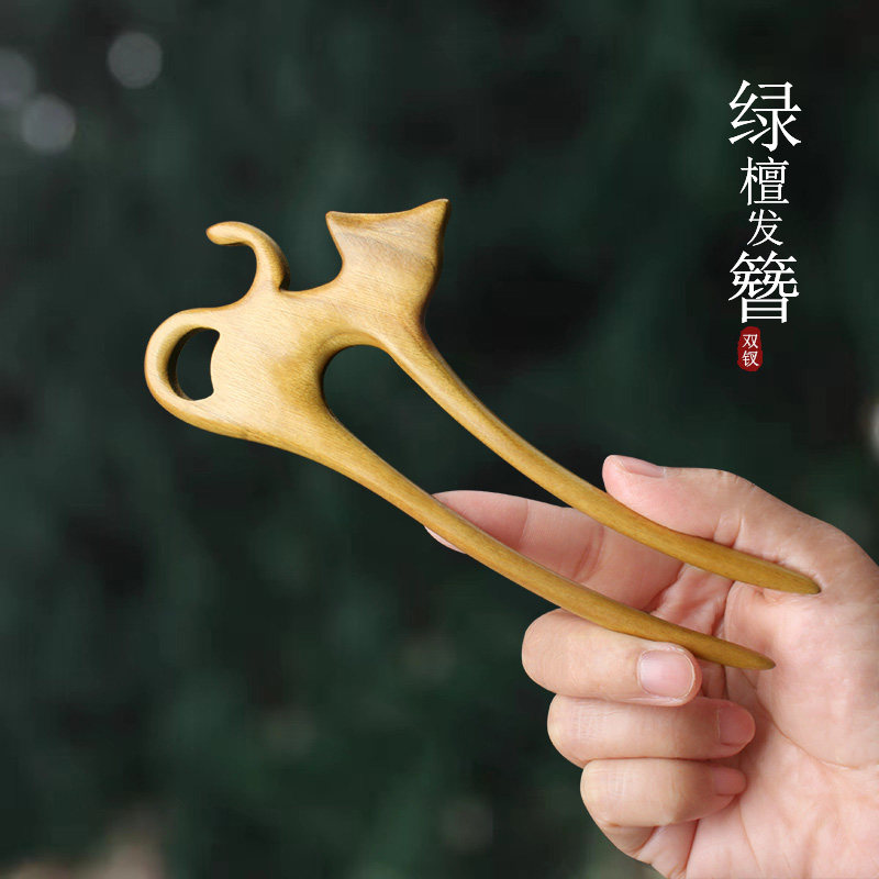 新中式可爱猫咪双钗气质木质盘发簪子设计款弯簪现代檀木u型簪女