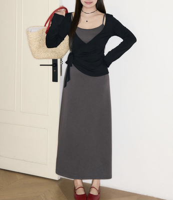 微胖mm修身显瘦吊带裙长袖绑带上衣大码秋冬季遮肉显瘦长款连衣裙